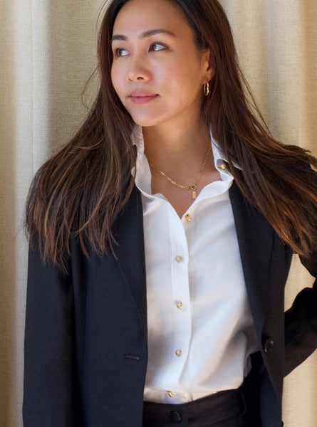 Charlotte Shirt, in Cotton Sateen with gold buttons