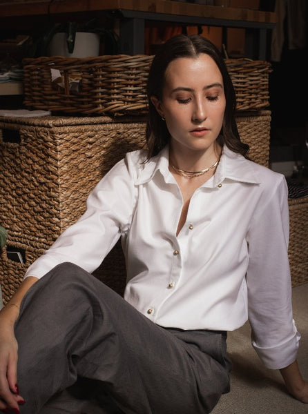 Mae Pant in Slate with the Charlotte Blouse