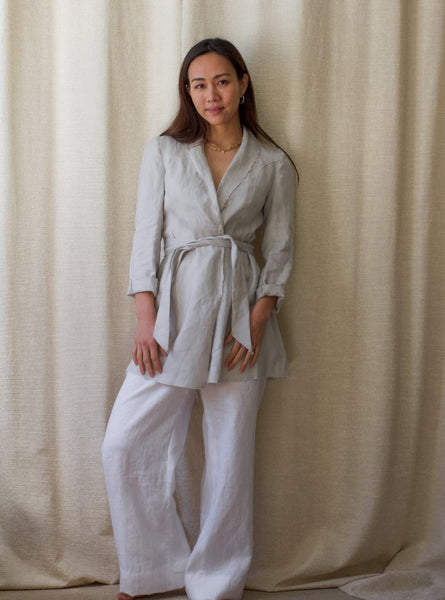 Rachel Pant in white, with the Deconstructed Jacket in Dove