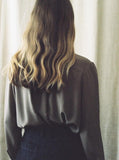 Jessica Silk Crepe de Chine Blouse in Taupe, back view